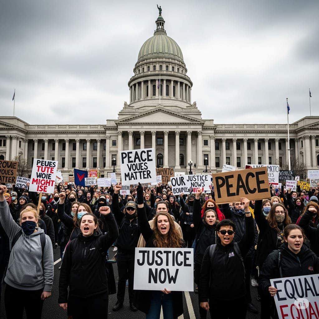 Hükümet binası önünde, tabelalar taşıyan ve yumruklarını kaldıran kalabalık bir protestoyu gösteren bir fotoğraf. Protestocular, üzerlerinde 