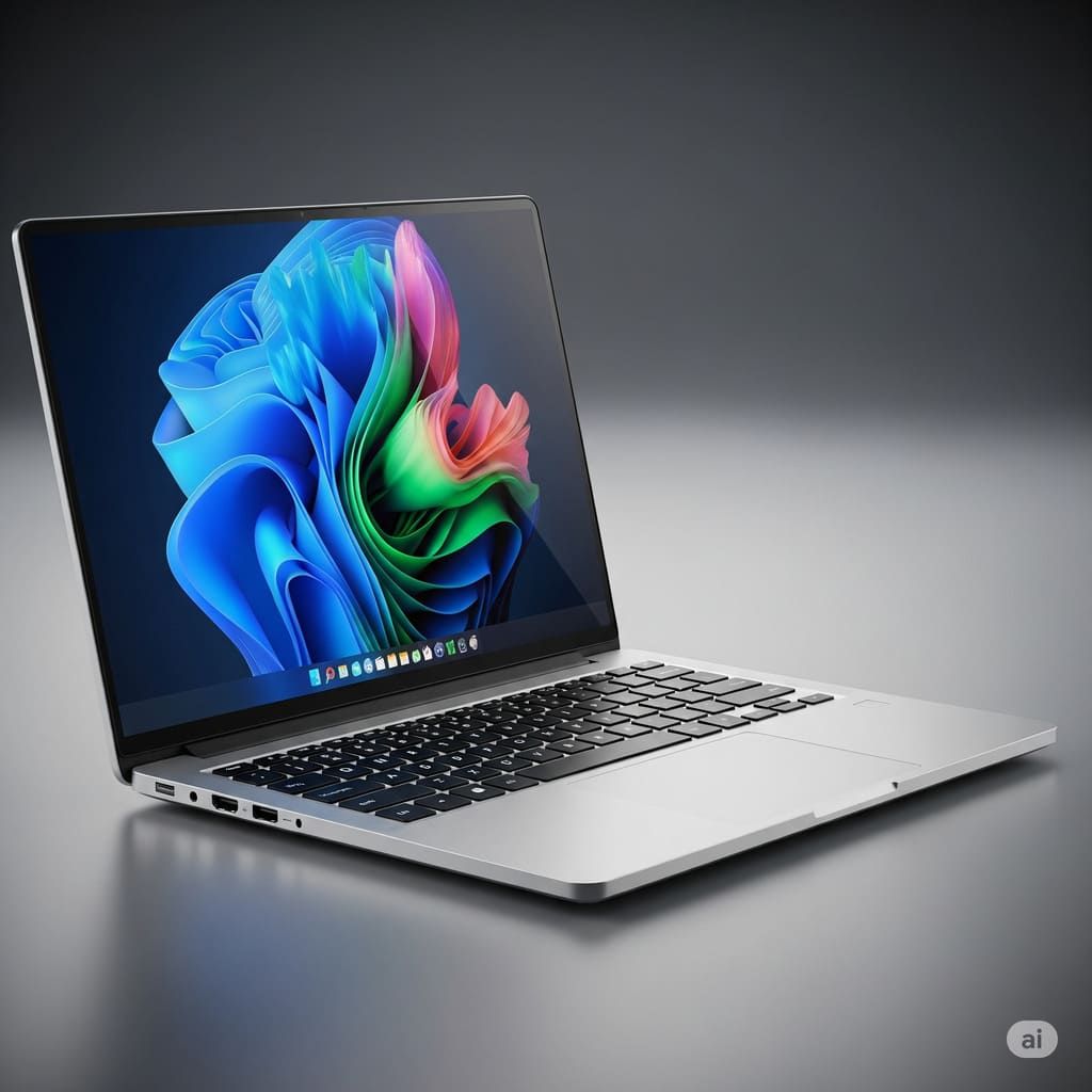 Gümüş renkli, açık ve ekranı parlak olan Apple marka modern bir dizüstü bilgisayar. Arkadan aydınlatmalı klavyesi ve yan tarafındaki USB-C, HDMI ve kulaklık girişleri net bir şekilde görünüyor.