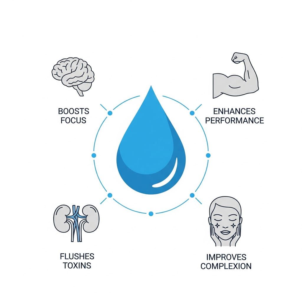 Su içmenin faydalarını gösteren infografik: Bir su damlasının etrafında şu 4 başlık ikonlarla gösteriliyor. Odaklanma, performans, toksin atımı ve cilt sağlığı.